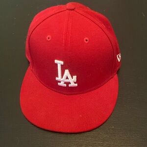 Red MLB New Era Dodgers Fitted Cap, Size 7 1/8